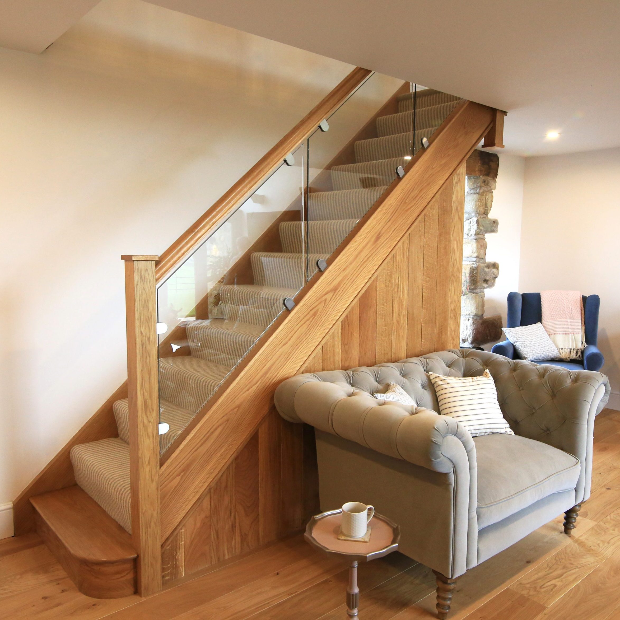 Bespoke Oak Timber Staircase with Bullnose step, manufactured in our Rylstone workshop near Skipton, installed in Airton Barn conversion, near Settle
