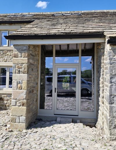 Bespoke Timber Accoya Feature Entrance Door, Manufactured in our Rylstone Workshop near Skipton and Installed in Hebden, Yorkshire Dales on this Barn Conversion