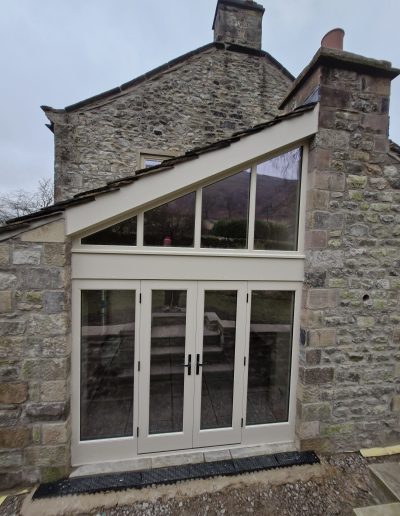 Bespoke Timber Accoya Feature Entrance Door and French Doors, Manufactured in our Rylstone Workshop near Skipton and Installed in Hawkswick, Craven, Yorkshire Dales