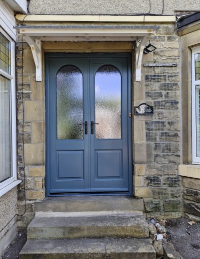 Bespoke Timber Accoya Feature Entrance Doors, Manufactured in our Rylstone Workshop near Skipton and Installed in Bingley near Poole in Wharfedale