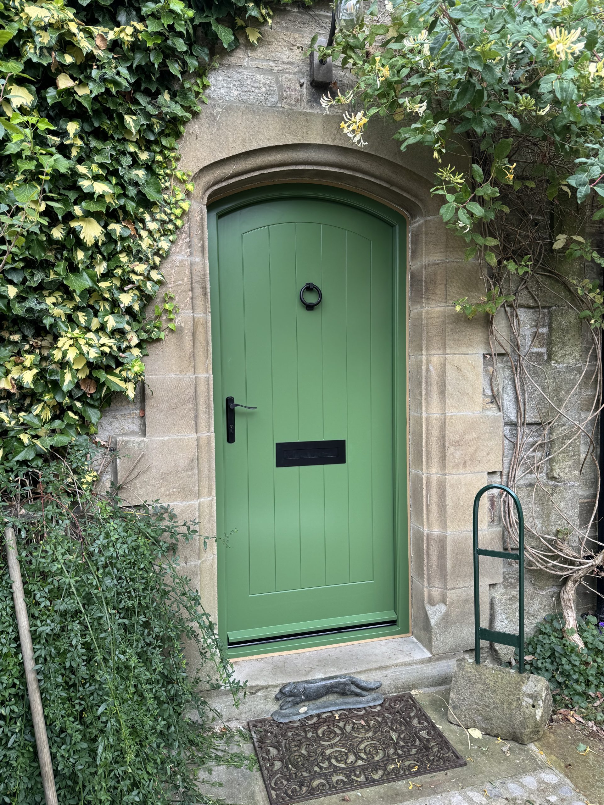 Bespoke Timber Accoya Feature door, manufactured in our Rylstone Workshop, near Skipton, installed in Burnsall, Wharfedale