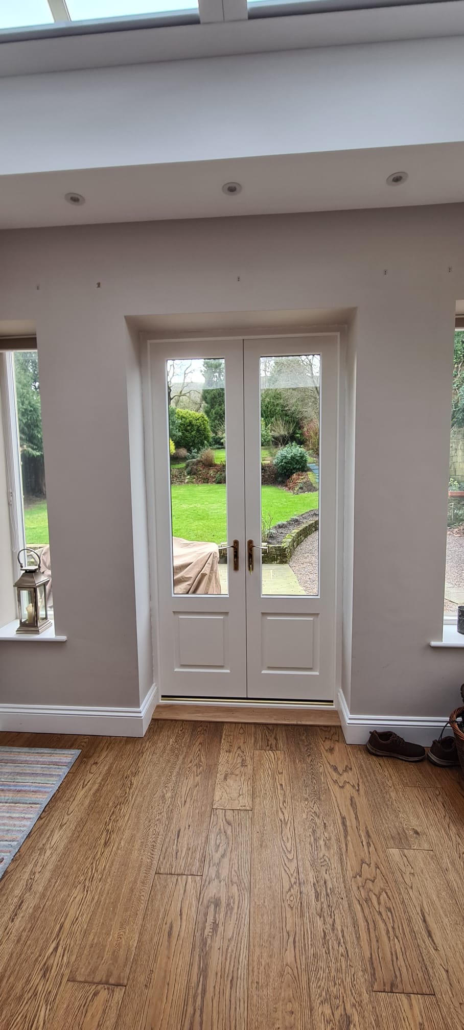Bespoke Timber Accoya French Patio Doors, Manufactured in our Rylstone workshop, Skipton, installed in Ilkley, Wharfedale Inside View