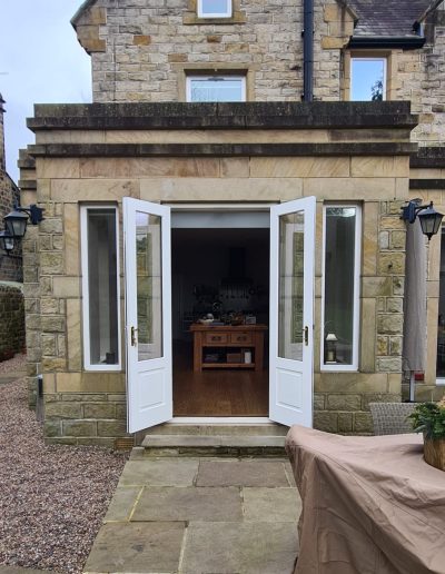 Bespoke Timber Accoya French Patio Doors, Manufactured in our Rylstone workshop, Skipton, installed in Ilkley, Wharfedale OPen view