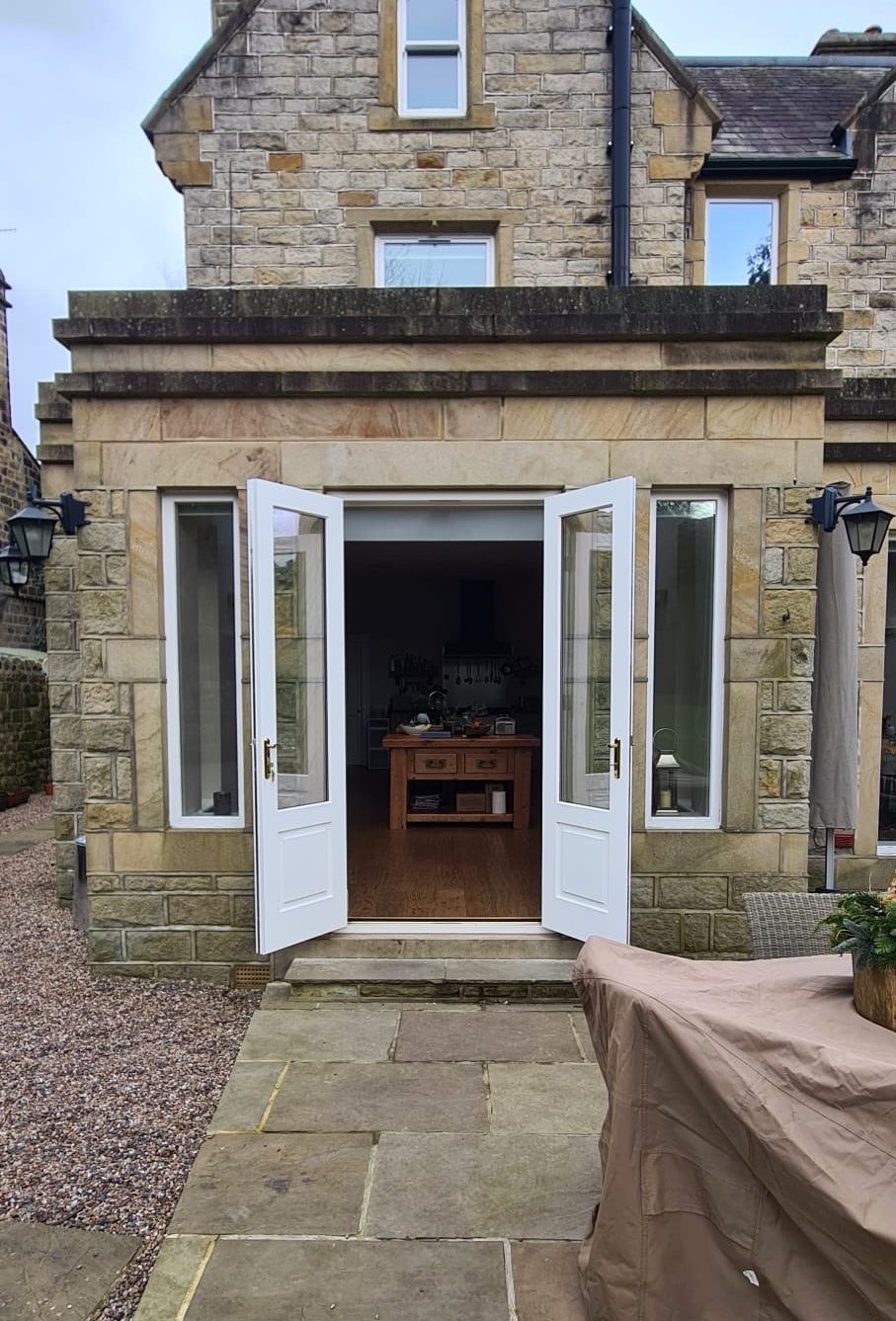 Bespoke Timber Accoya French Patio Doors, Manufactured in our Rylstone workshop, Skipton, installed in Ilkley, Wharfedale OPen view
