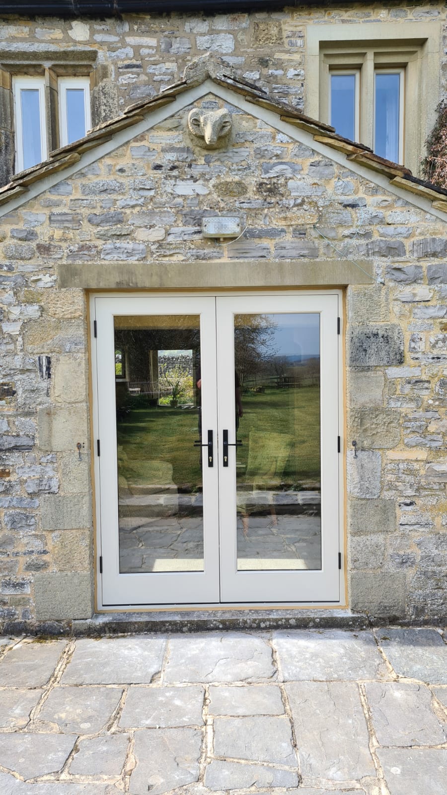 Bespoke Timber Accoya French Patio Doors, Manufactured in our Yorkshire Dales workshop, Skipton, installed in Rylstone, Wharfedale