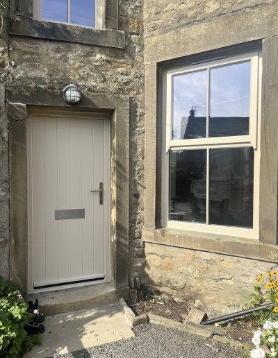 Bespoke Timber Wooden Accoya Replacement Door & Mock Sash Window. Manufactured in our Rylstone Workshop near Skipton. Installed in Long Preston near Settle
