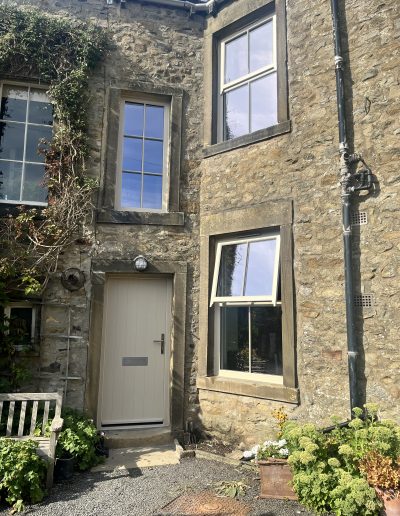 Bespoke Timber Wooden Accoya Replacement Door & Mock Sash Windows and stand sheet window. Manufactured in our Rylstone Workshop near Skipton. Installed in Long Preston near Settle