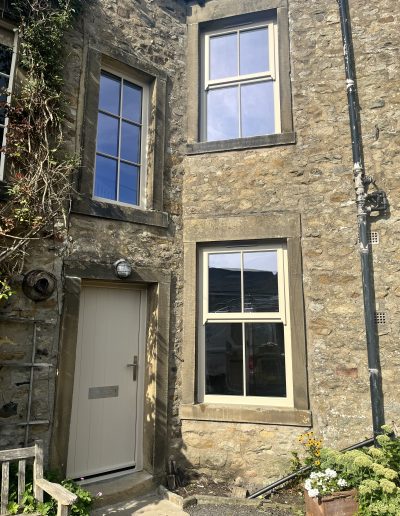 Bespoke Timber Wooden Accoya Replacement Door & Mock Sash Windows. Manufactured in our Rylstone Workshop near Skipton. Installed in Long Preston near Settle