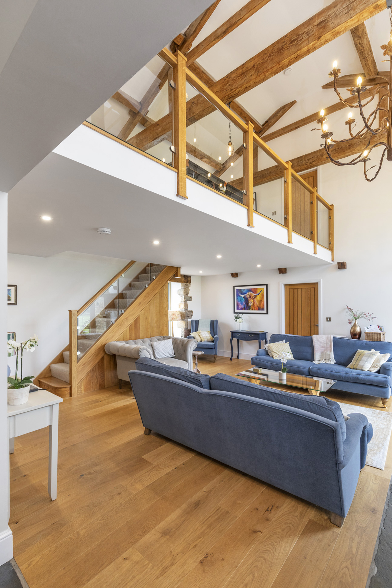 Bespoke Wooden Oak Timber Staircase and Landing. Handmade in our Rylstone Workshop, near Skipton installed in Airton, Craven, Yorkshire Dales Barn Conversion