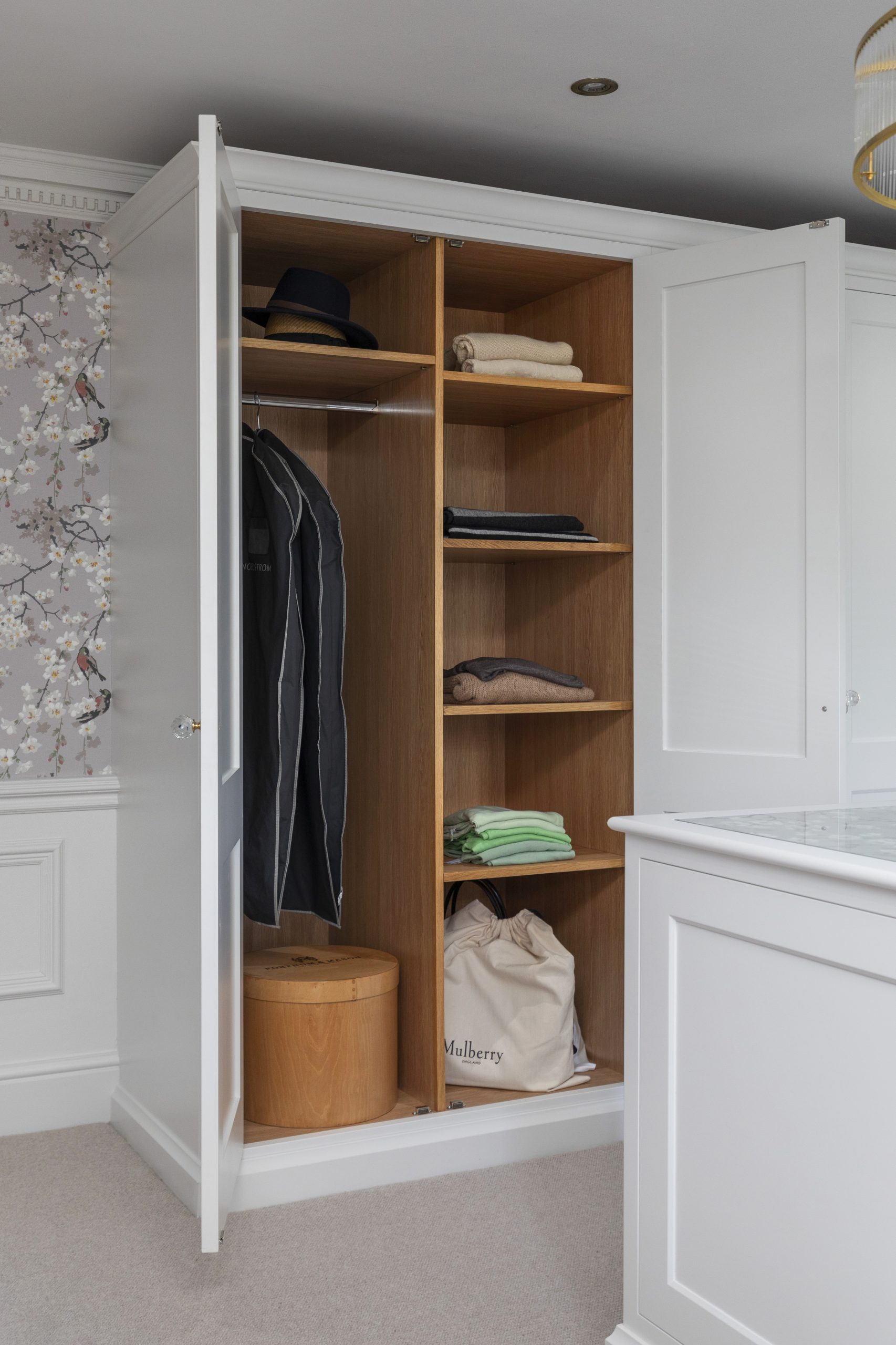 Stunning Bespoke Cabinetry Timber Wooden Dressing Room With Made to Measure Bespoke Fitted Wardrobes. Designed and Handcrafted in our Rylstone Workshop near Skipton, Ilkley, Harrogate, York and Settle. Installed in Cracoe, Craven, Yorkshire.