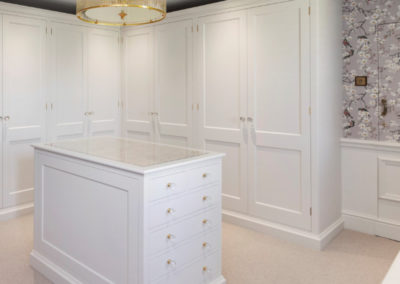 Stunning Bespoke Cabinetry Timber Wooden Dressing Room With Made to Measure Bespoke Fitted Wardrobes. Designed and Handcrafted in our Rylstone Workshop near Skipton, Ilkley, Harroagate, York and Settle. Installed in Cracoe, Craven, Yorkshire.