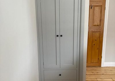 Bespoke Timber Wooden Custom Made-to-measure Fitted Wardrobes Shaker Style with Extra Storage. Handcrafted in our Rylstone Workshop near Skipton, Ilkley, Harrogate, Settle. Installed in Addingham, Craven, Upper Wharfedale. Millybell Interiors Showroom. Cabinetmakers Ilkley, Skipton. Near Harrogate, Ripon York.